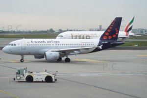 Warsaw Poland Chopin Airport Emirates and Brussels.JPG