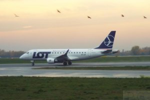 Pink Warsaw sky, birds and PLL LOT Embraer 170 SP-LDF 13. 11. 2019